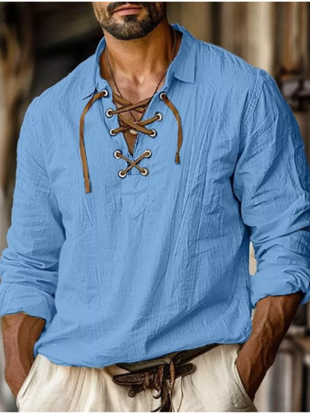 Men's Full Size Vintage Lace-Up Long Sleeve Blouse Plus Size, image 4