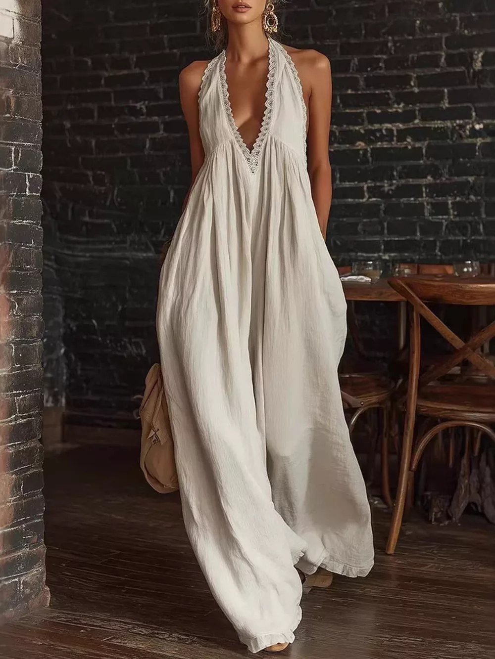 Full Size Halter Neck Lace Trim Wide Leg Jumpsuit Plus Size