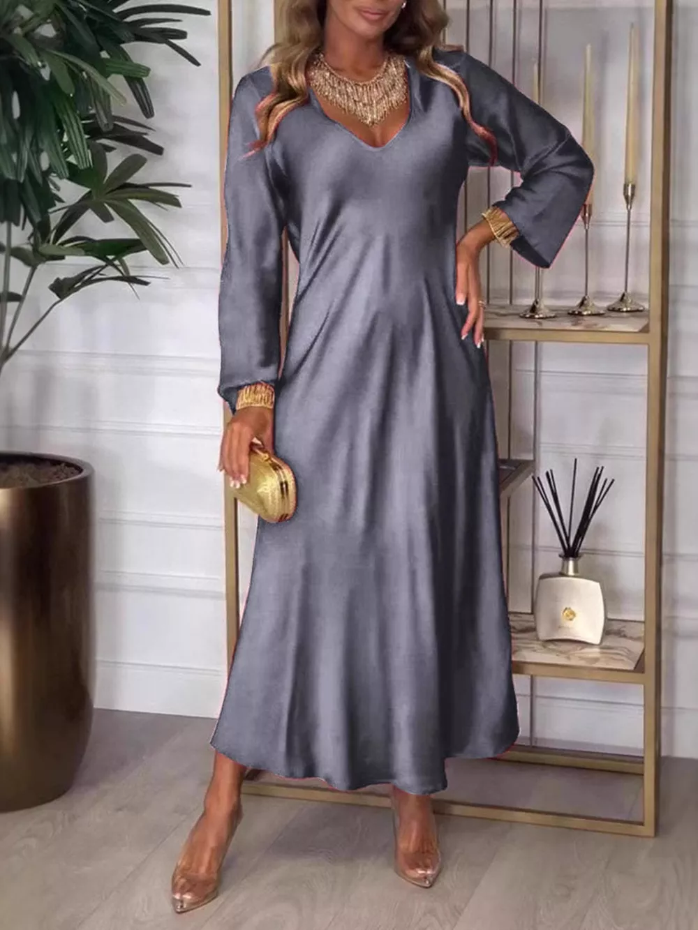 Full Size V-Neck Long Sleeve Midi Dress Plus Size, image 12