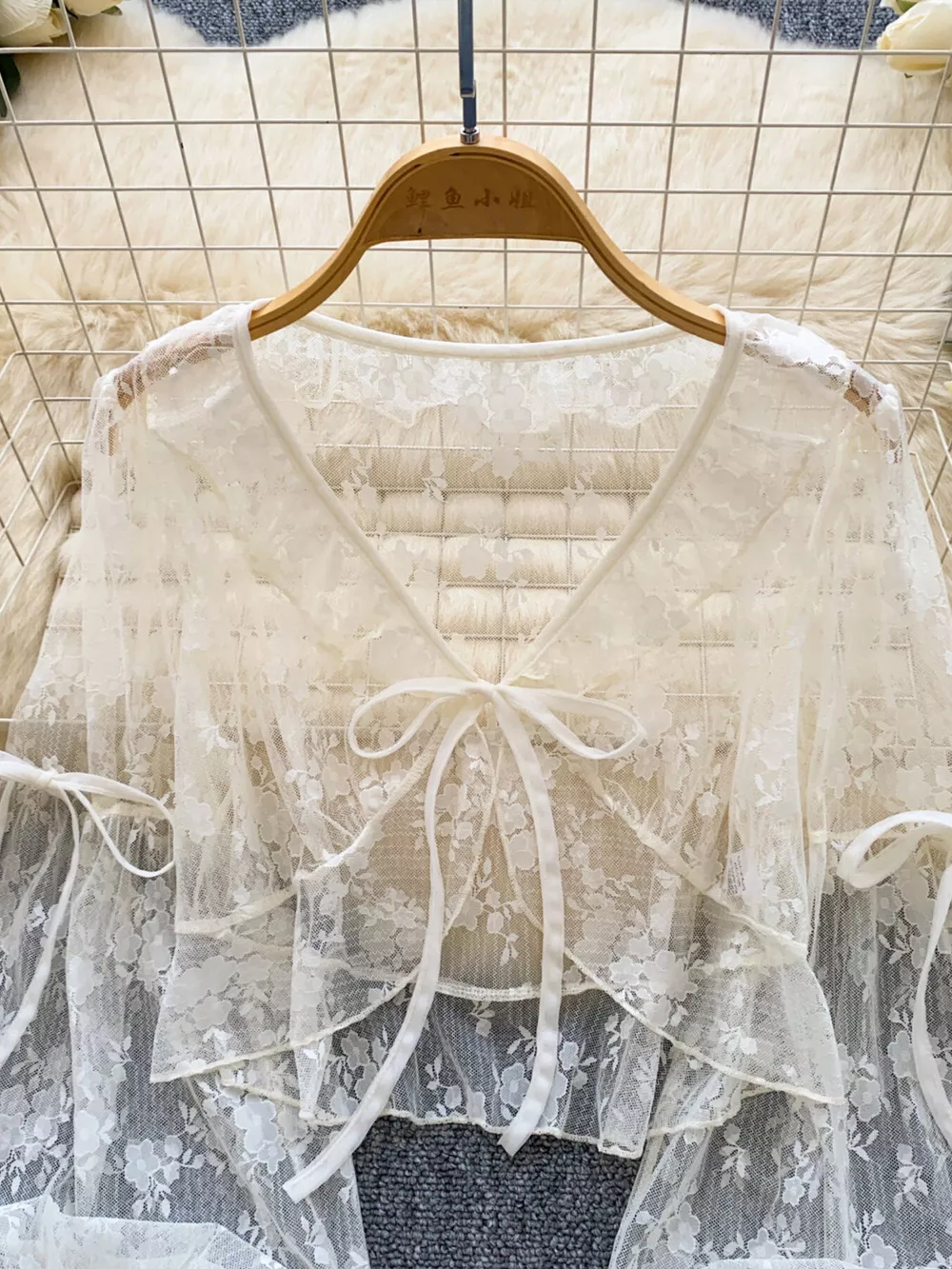 Sheer Lace Tie Front Flounce Sleeve Top, image 5