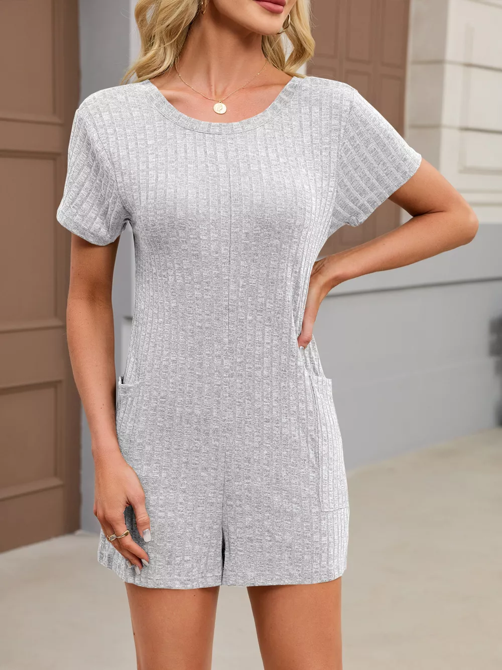Casual Ribbed Knit V-Neck Romper, image 18