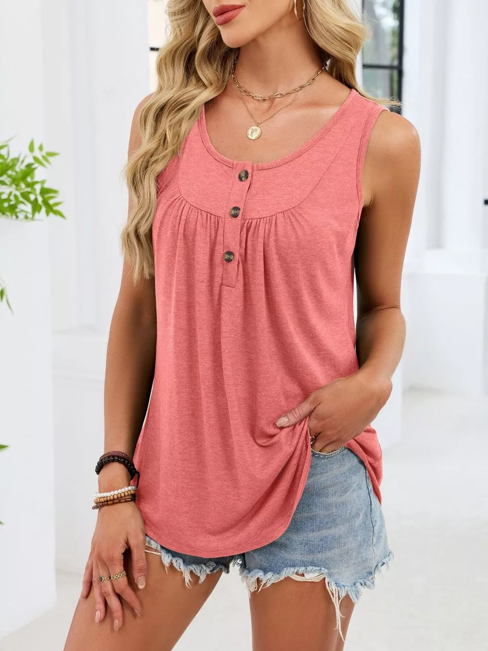 Button Detail Round Neck Tank, image 20
