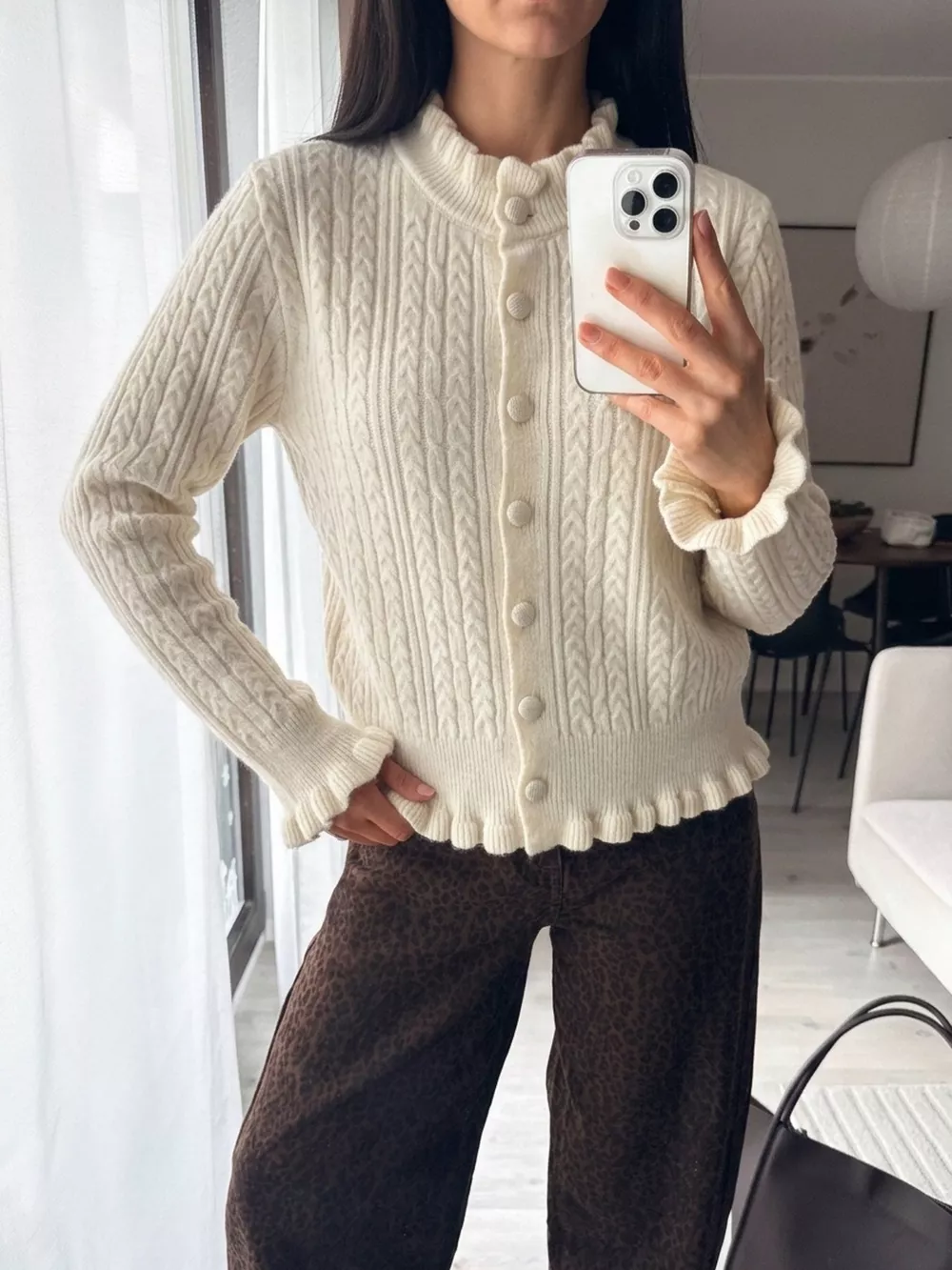 Cable-Knit Ruffle-Trim Cardigan, image 3