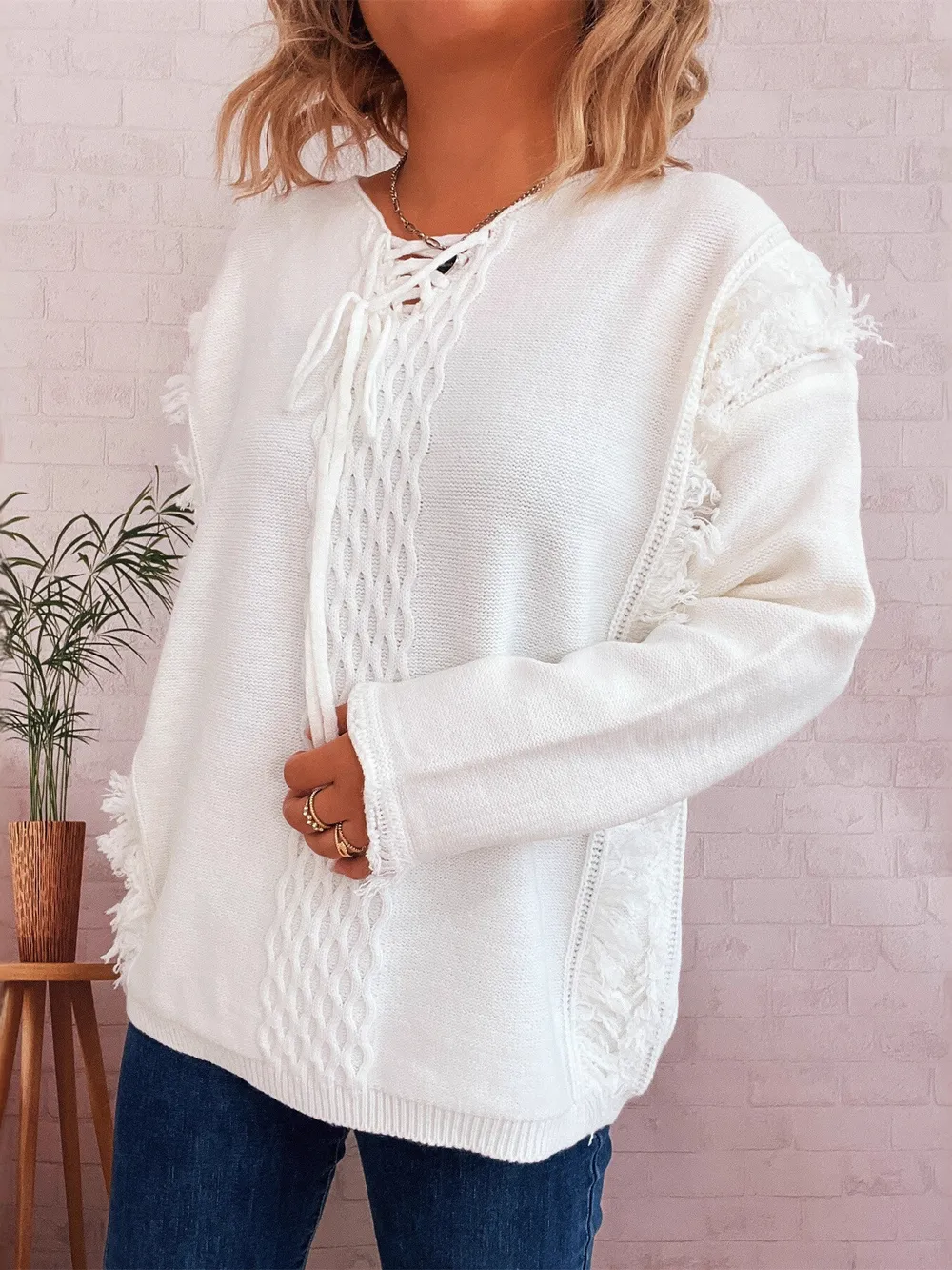 Raw Hem Lace Up Front Sweater, image 4