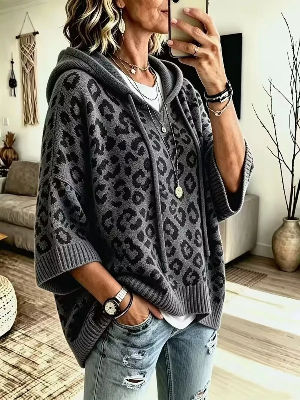 Drawstring Leopard Hooded Sweater, image 7