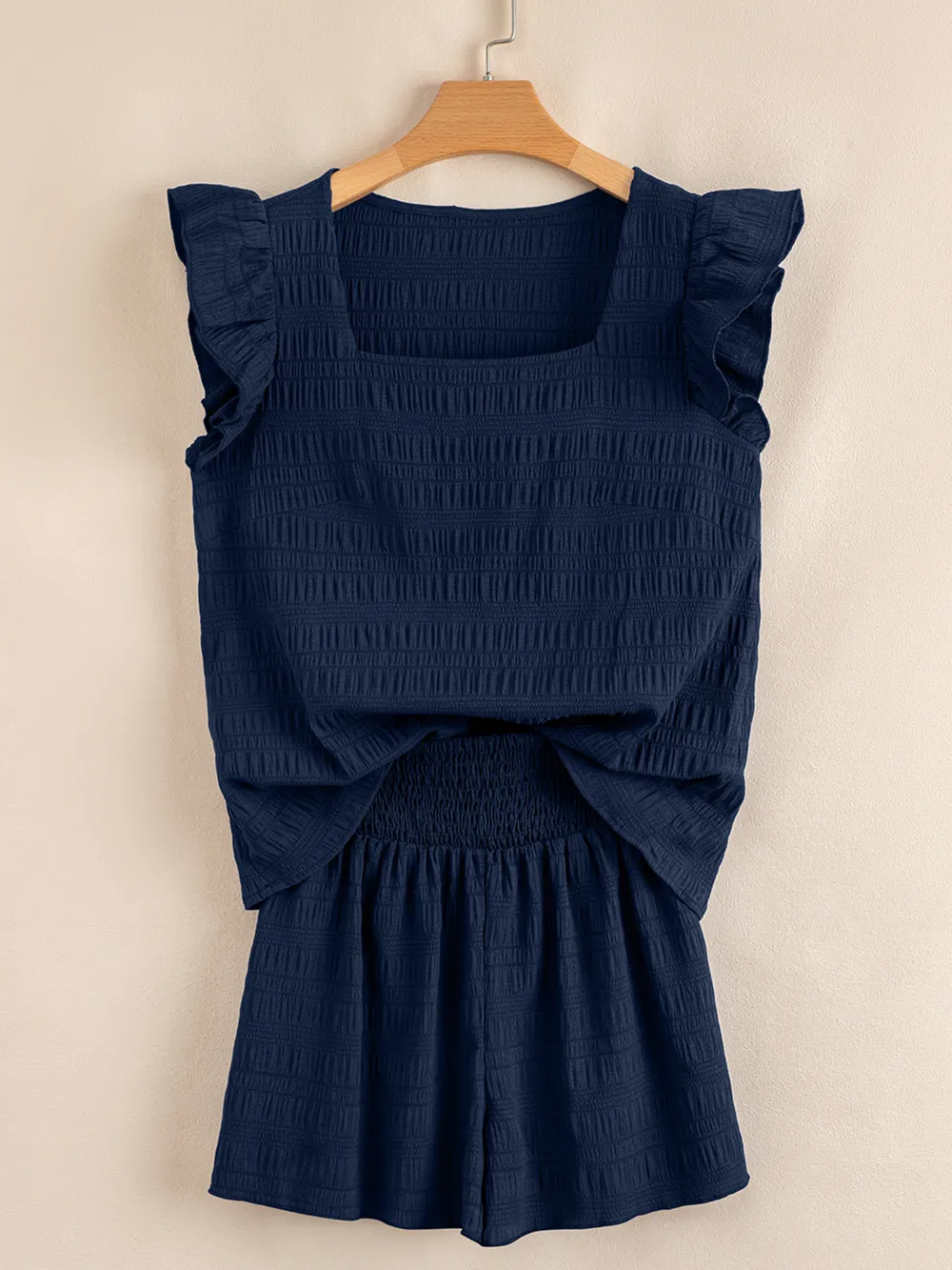 Textured Square Neck Top and Shirred High Waist Shorts Set, image 4