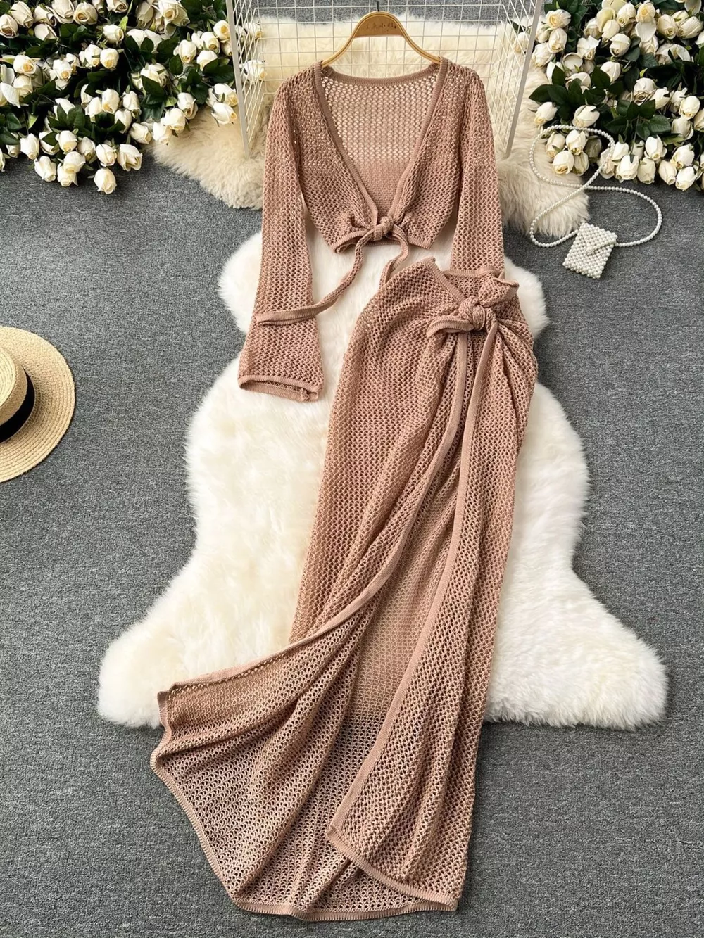 Knitted Crop Top and Slit Skirt Set, image 12