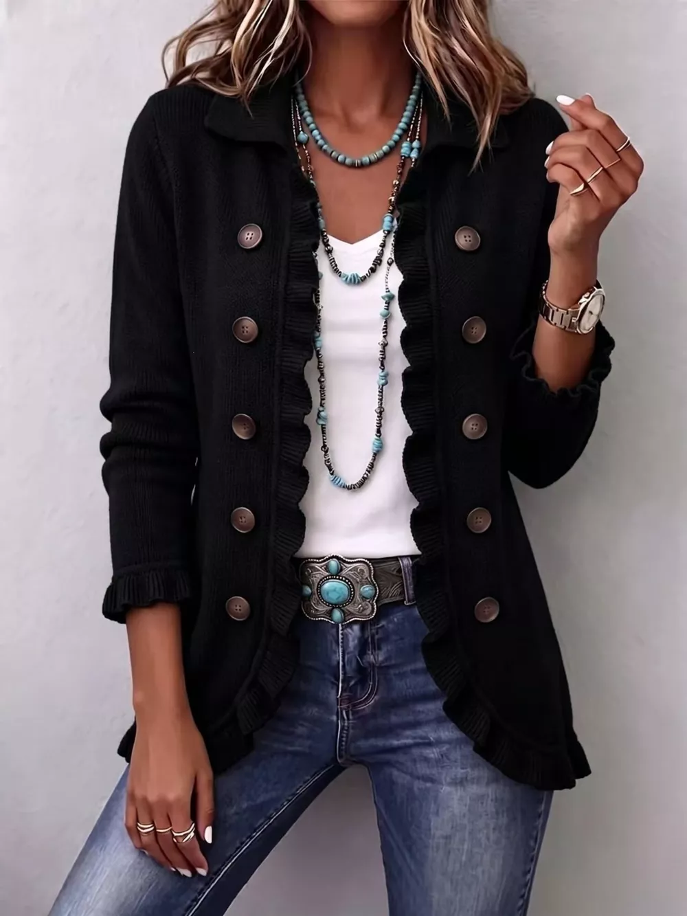 Full Size Ruffled Trim Decorative Button Cardigan Plus Size, image 5