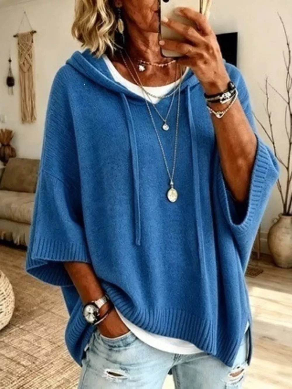Full Size Casual Hooded Batwing Sleeve Knit Sweater Plus Size, image 3