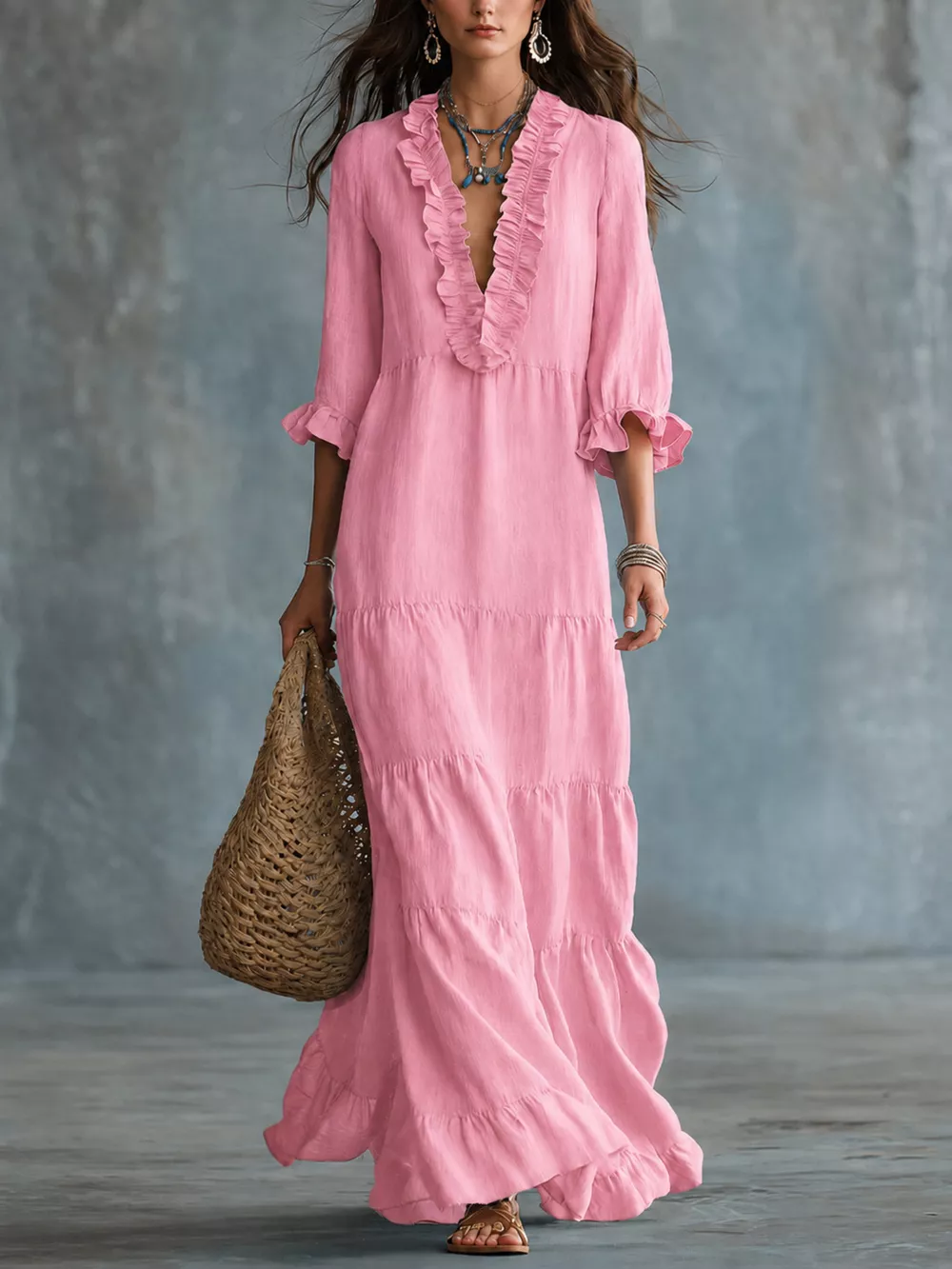 Ruffled V-Neck Tiered Maxi Dress, image 9