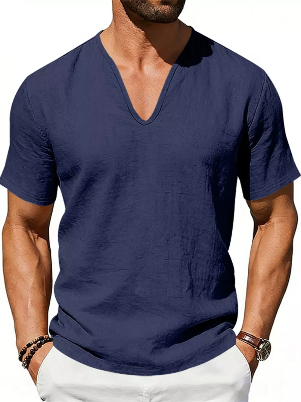 Men's Full Size Casual V-Neck Linen T-Shirt Plus Size, image 15