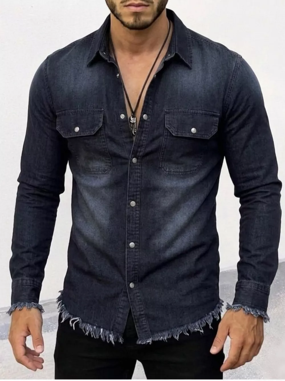 Men's Frayed Hem Denim Shirt, image 3