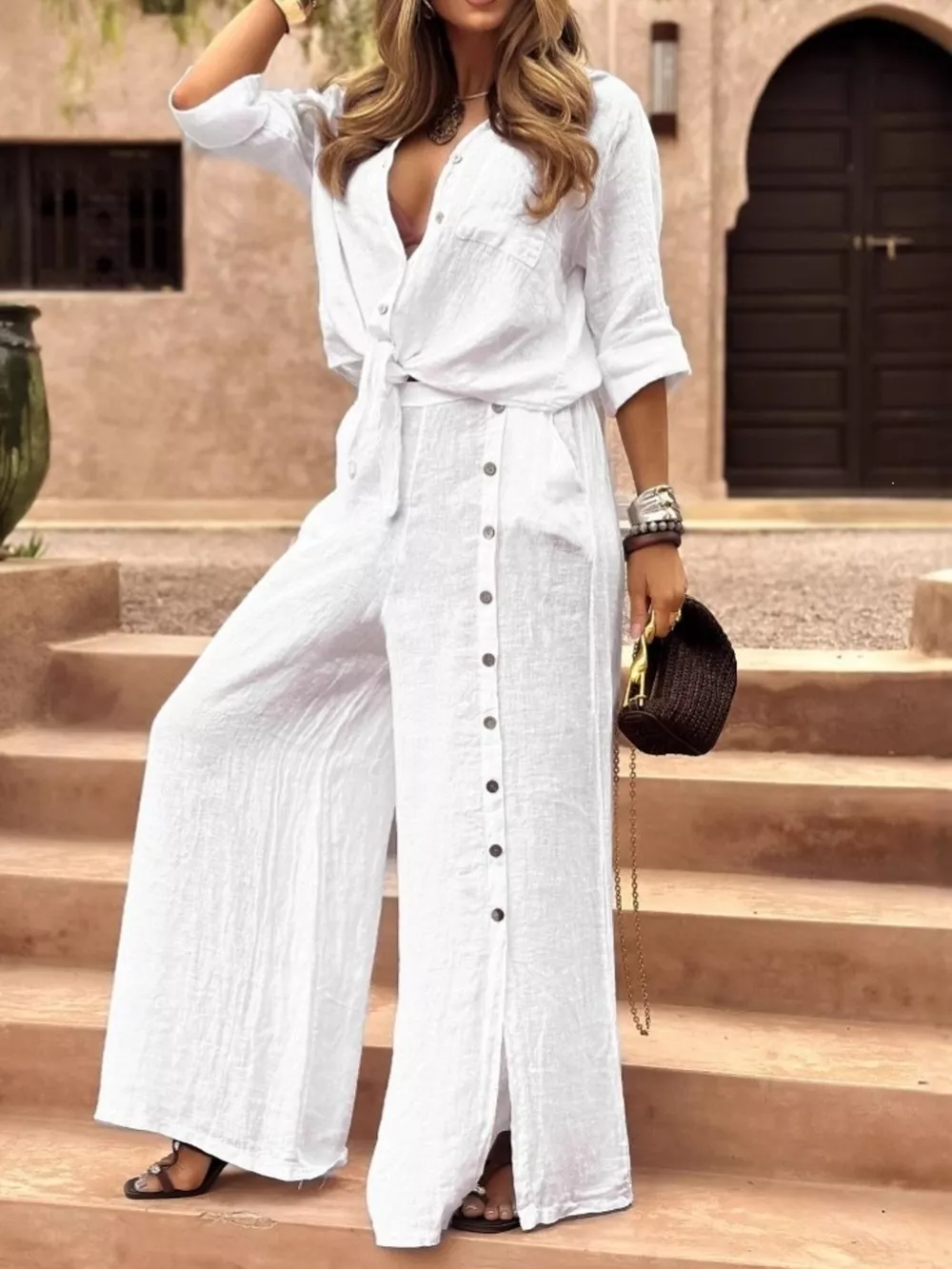 Full Size Button Up Shirt and Wide-Leg Pant Set Plus Size, image 13