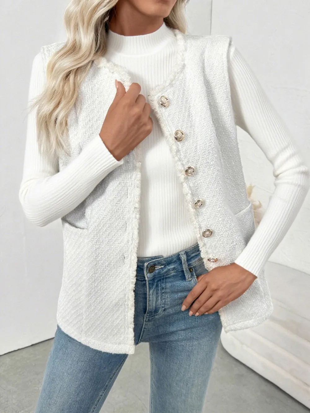 Textured Button-Front Vest with Raw Edge, image 4