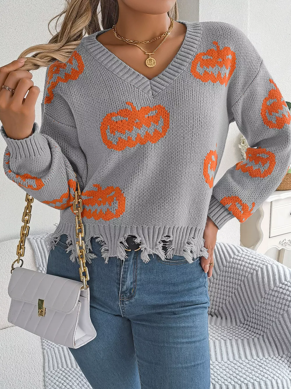 Pumpkin Distressed Hem Sweater, image 4