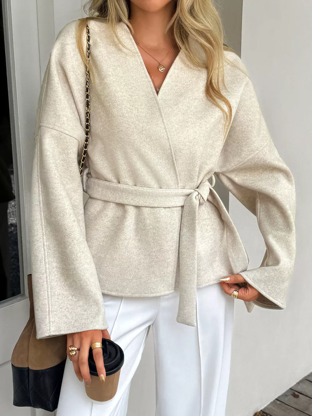 Surplice Dropped Shoulder Tie Belt Outerwear, image 2