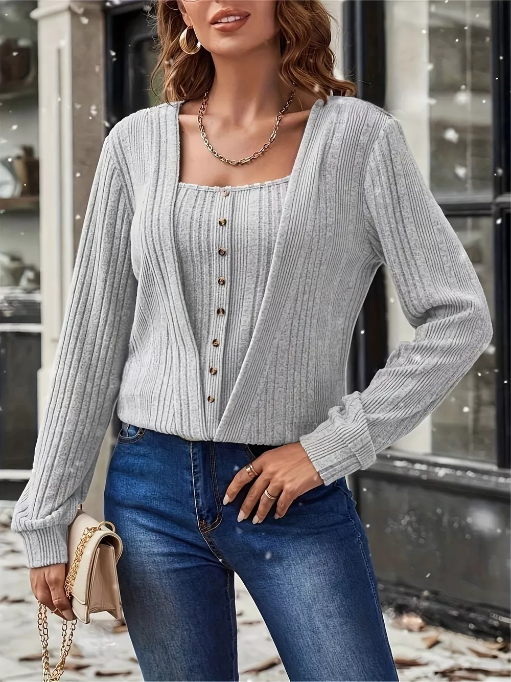Ribbed Knit Faux Layered T-Shirt, image 4
