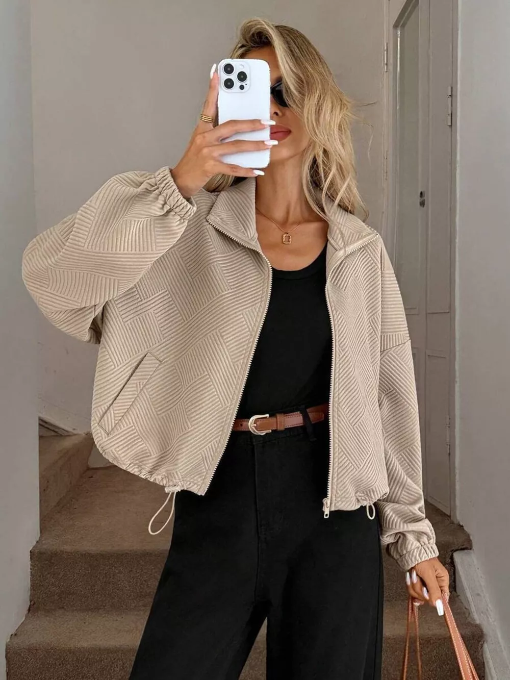 Drawstring Hem Textured Long Sleeve Jacket, image 14