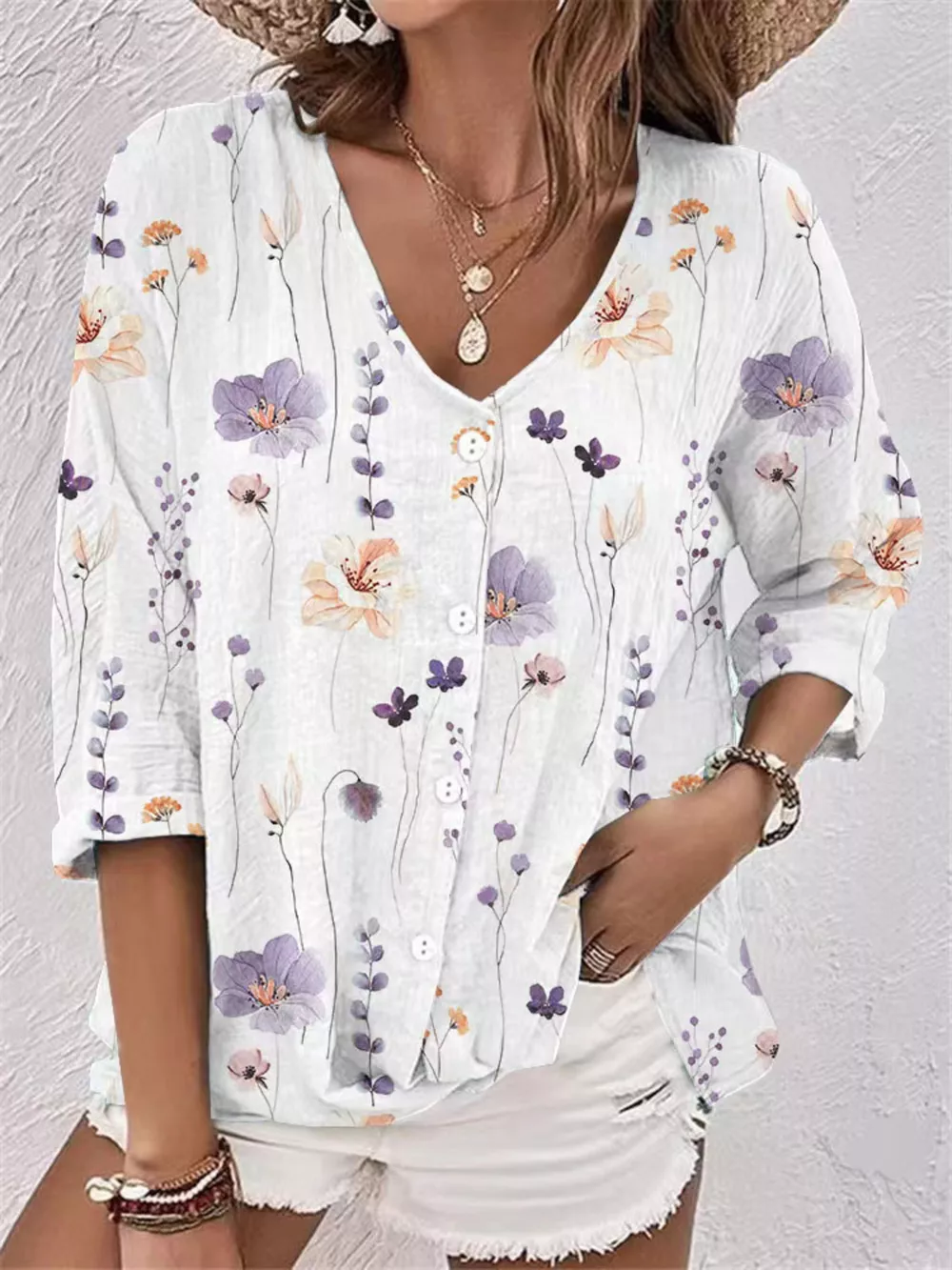 Floral Print V-Neck Button-Down Shirt, image 4
