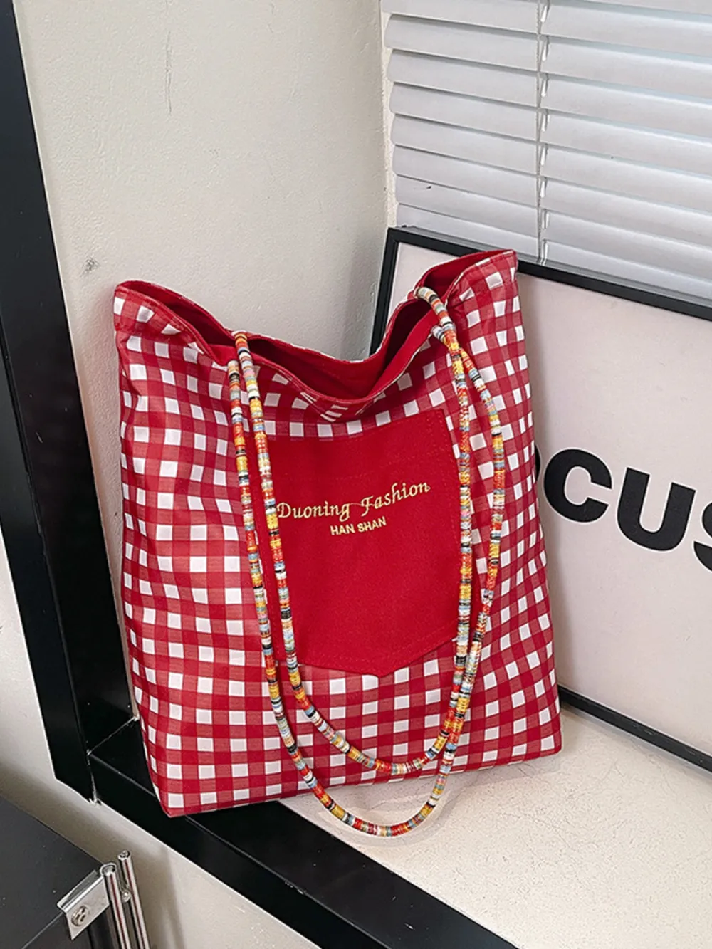 Gingham Pattern Tote Bag, image 7