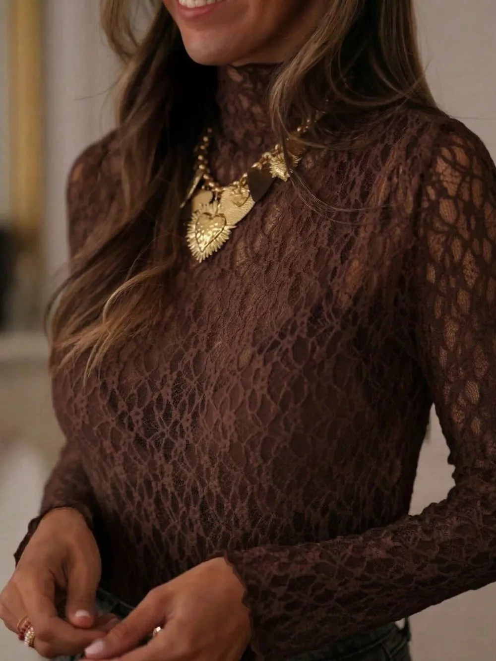 Mock Neck Sheer Lace Long Sleeve Top, image 15