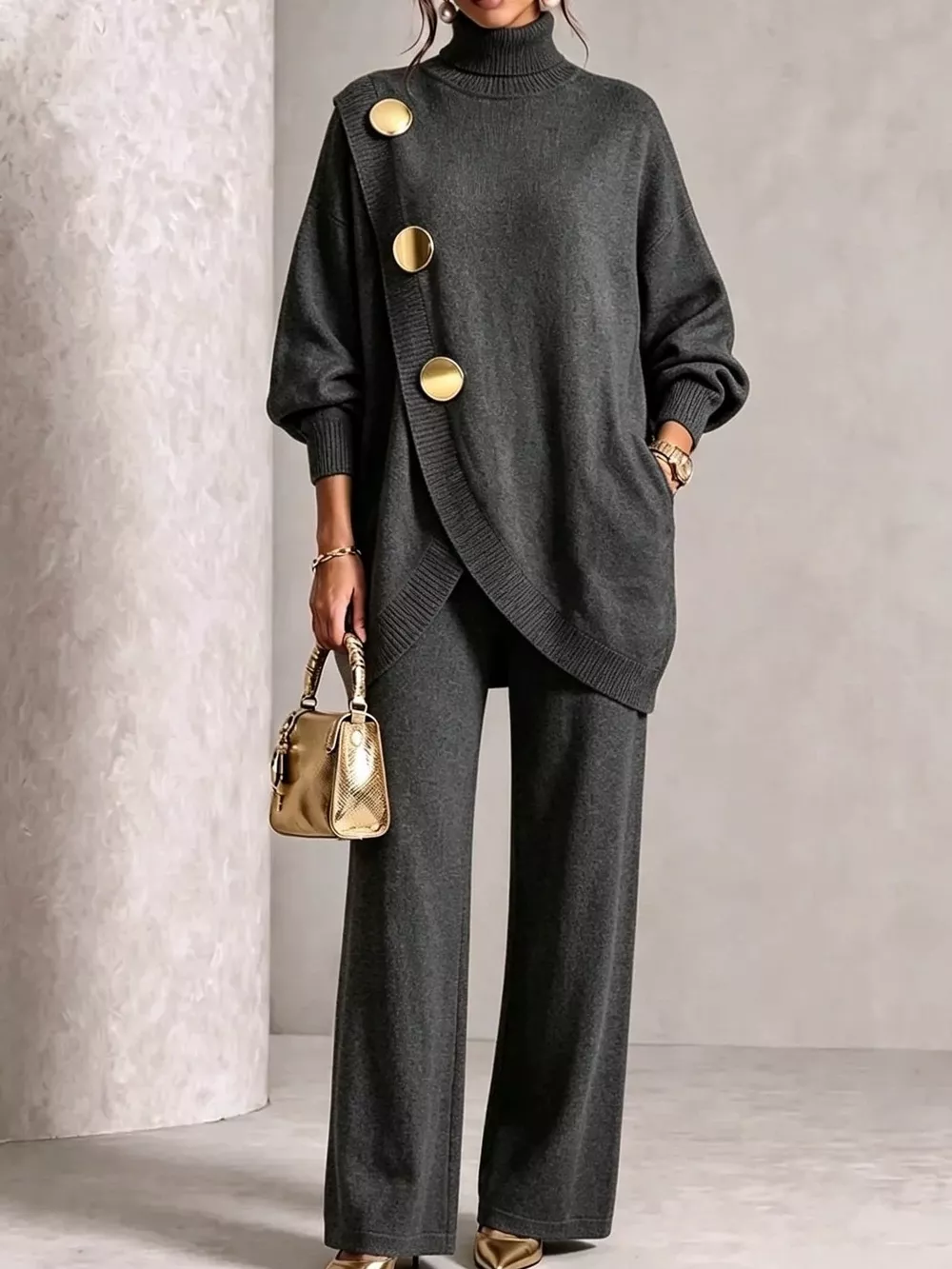 Full Size Elegant Turtleneck Asymmetric Button-Decorated Sweater and Pants Set Plus Size, image 7