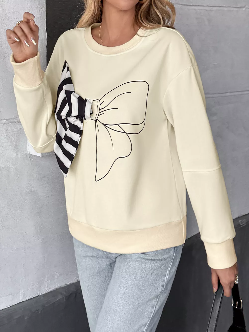 Bow Round Neck Dropped Shoulder Sweatshirt, image 5