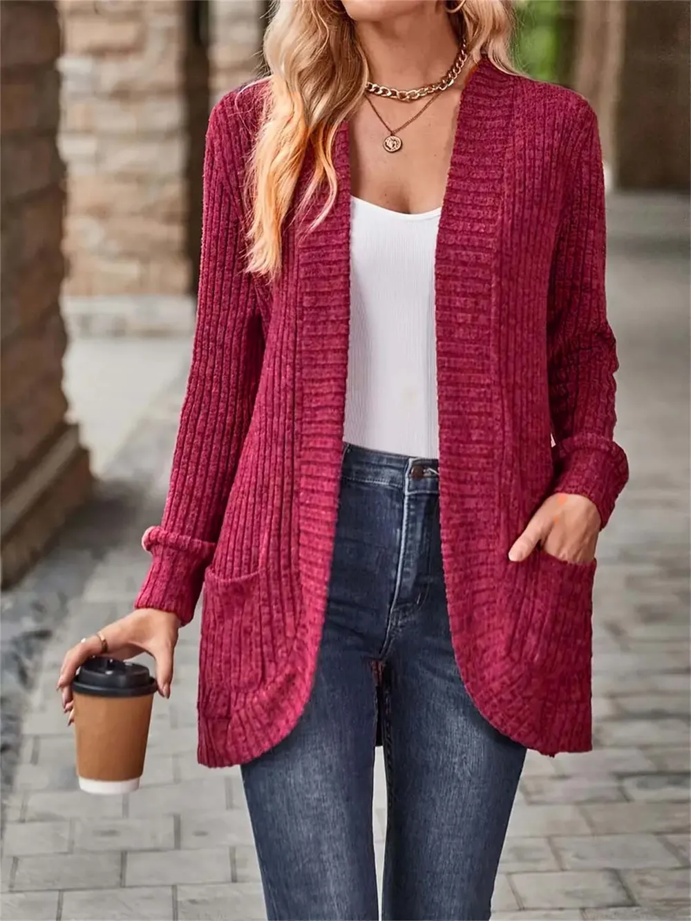 Ribbed Open Front Long Cardigan with Pockets, image 13