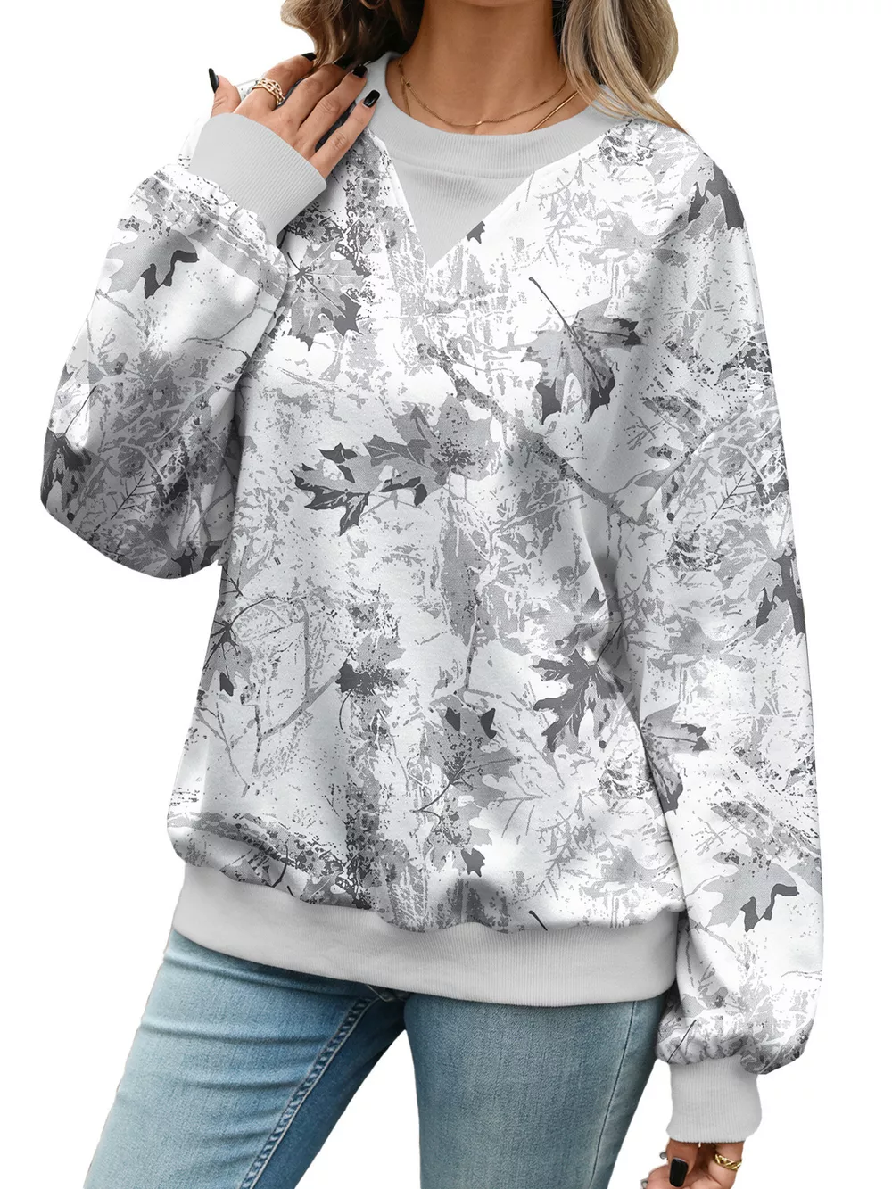 Leaf Print Sweatshirt with Contrasting Trim, image 8
