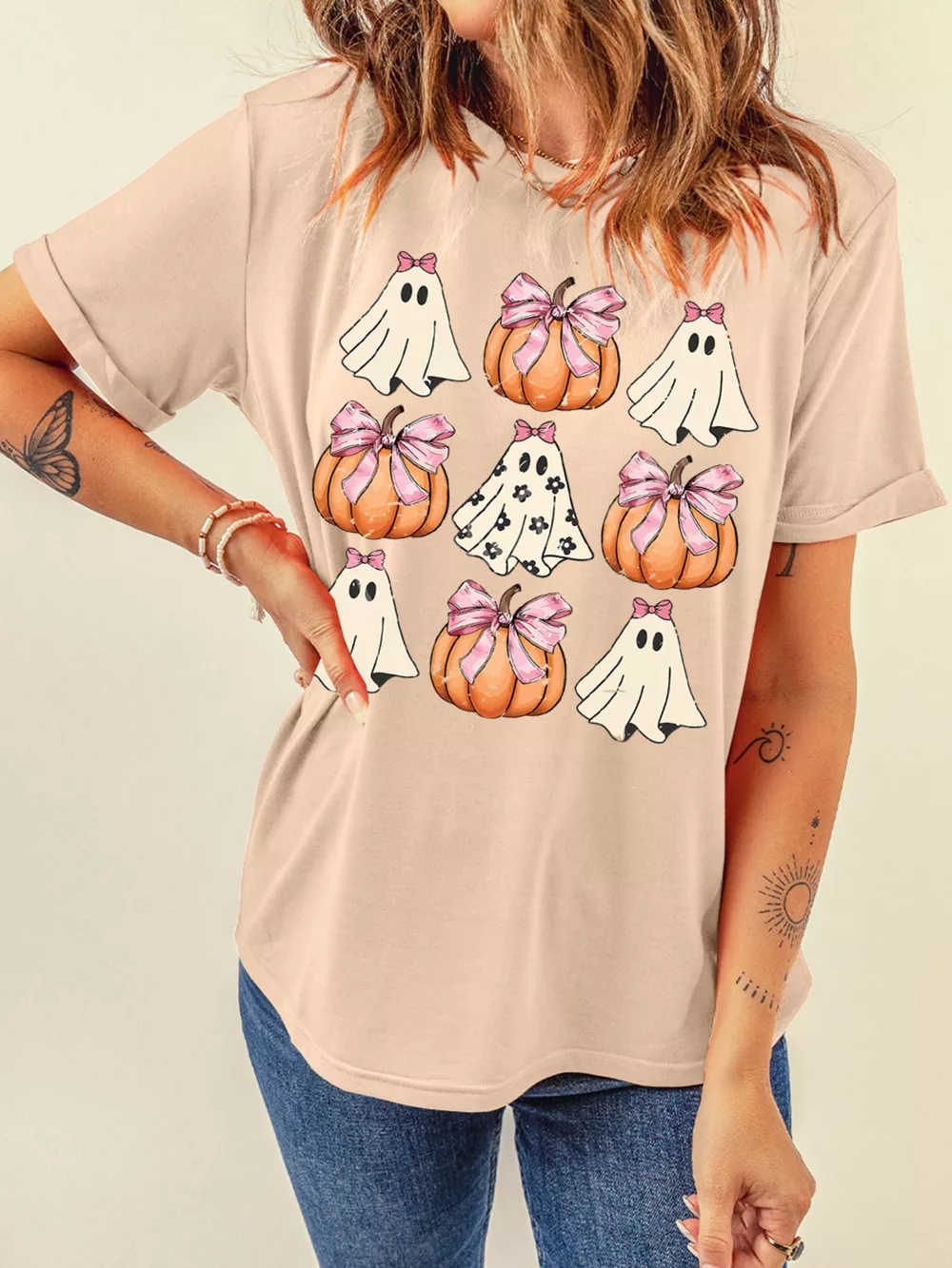 Halloween Bowknot Ghost Pumpkin Graphic T Shirt, image 4