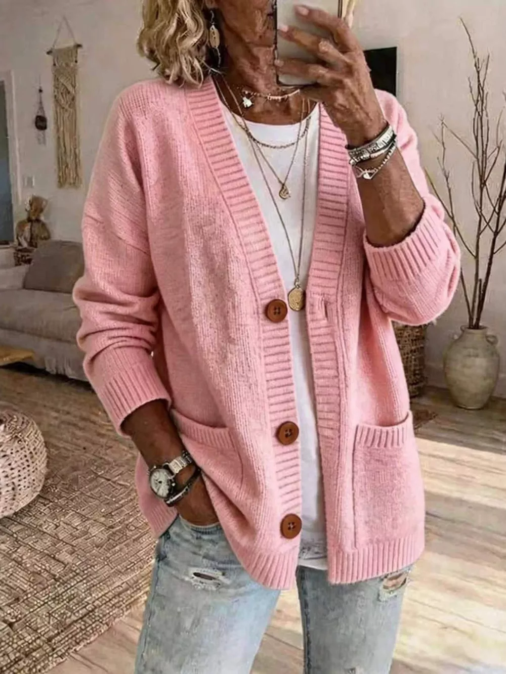 Casual V-Neck Button-Down Knit Cardigan with Pockets, image 9