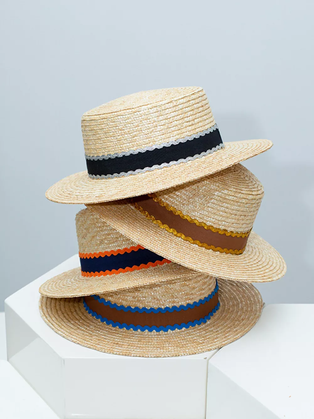 Straw Boater Hat with Decorative Band, image 2