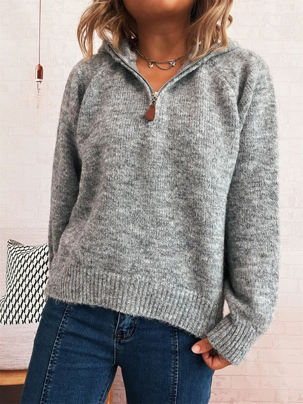 Quarter Zip Ribbed Hem Sweater, image 7