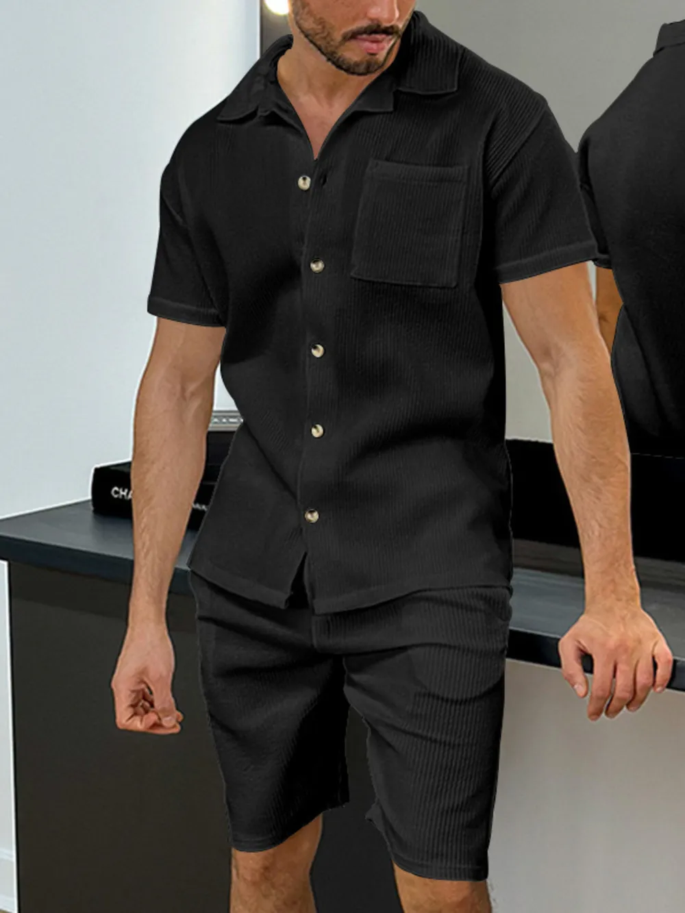 Men's Full Size Button Up Top and Shorts Set Plus Size