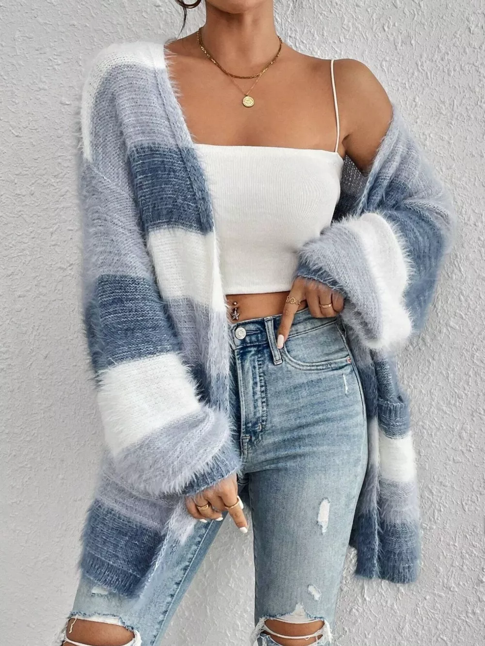 Striped Fuzzy Knit Open Front Cardigan, image 4