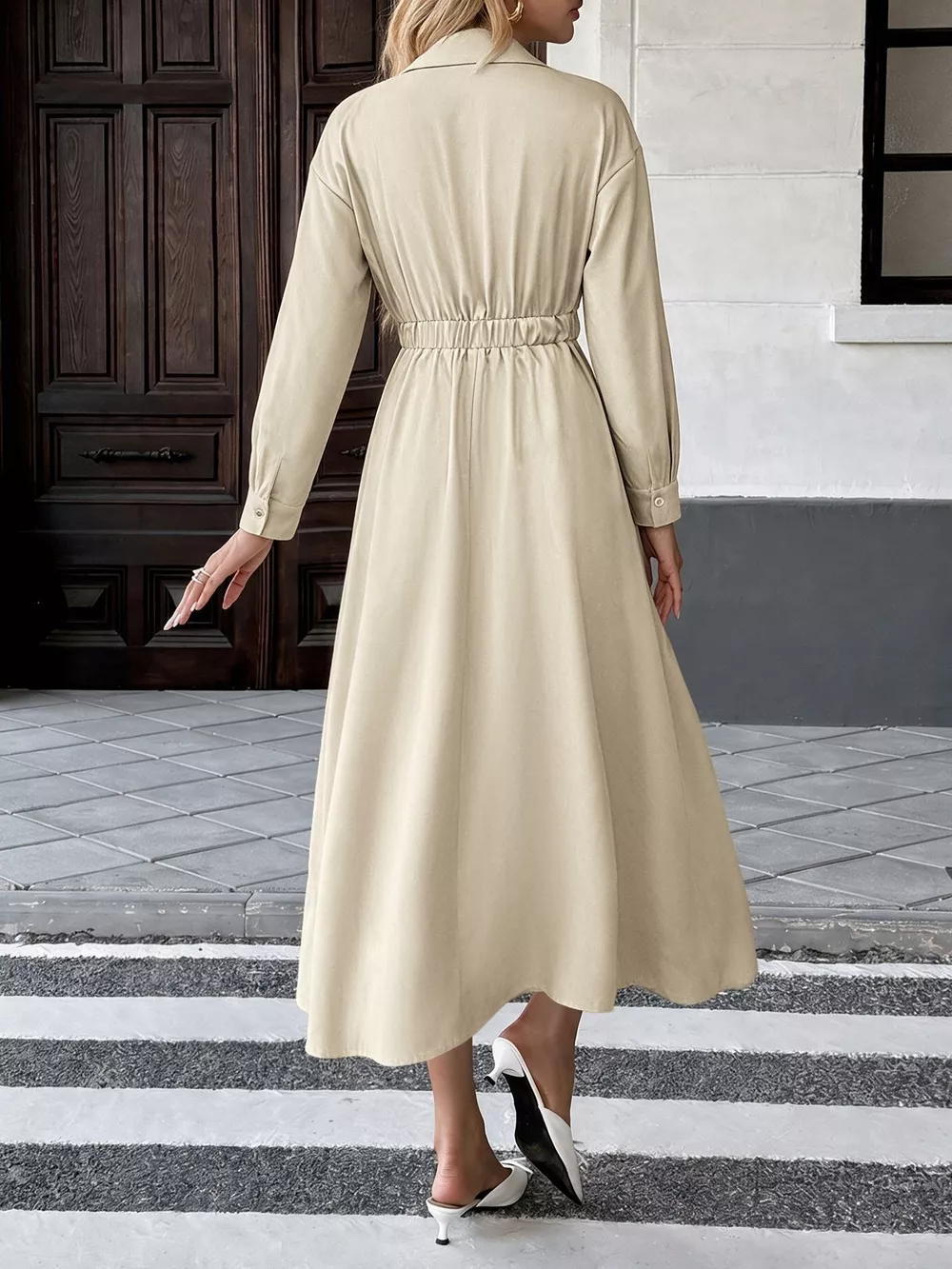 Pleated Button Detail Long Sleeve Shirt Dress, image 6