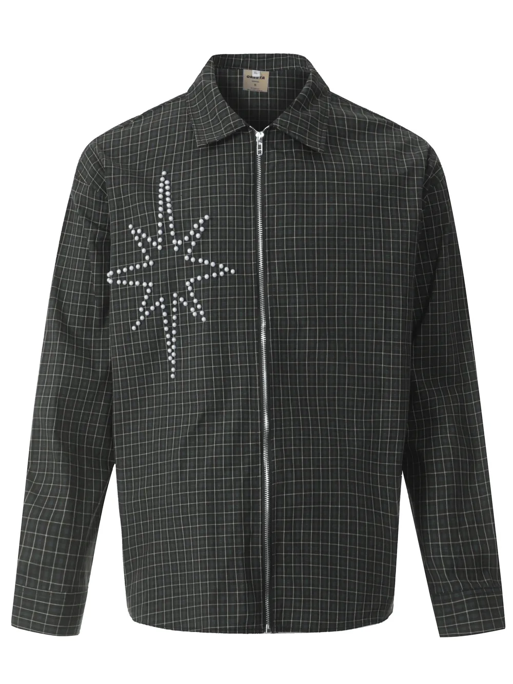 Men's Pearl Embellished Plaid Zip-Up Shirt