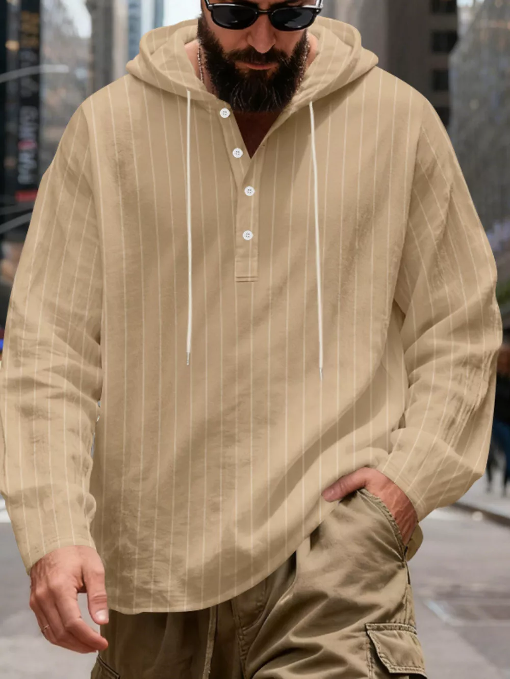 Men's Full Size Casual Striped Henley Hoodie with Drawstring Plus Size, image 17