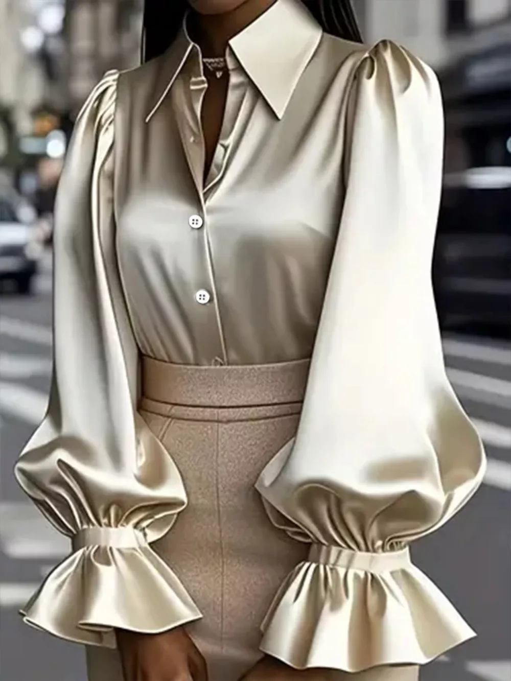 Satin Button Up Flounce Sleeve Shirt, image 5