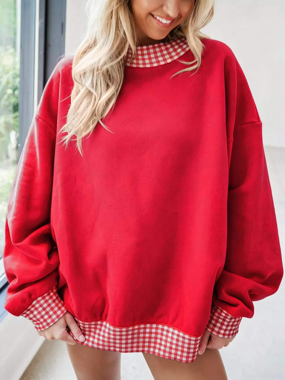 Gingham Trim Dropped Shoulder Sweatshirt, image 2