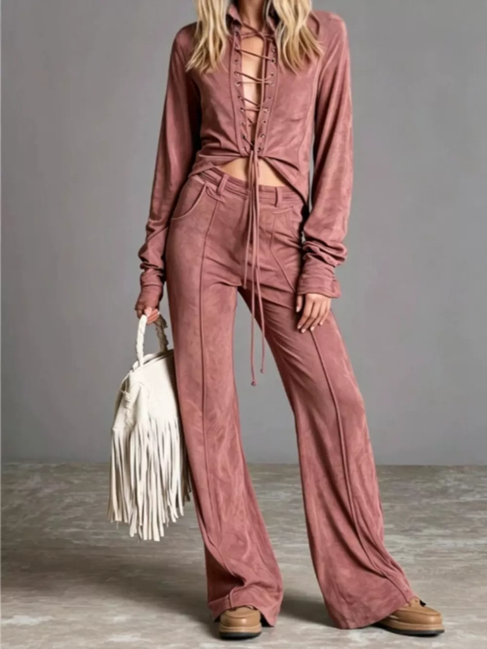 Full Size Lace-Up Long Sleeve Top and Wide-Leg Pants Set Plus Size, image 4