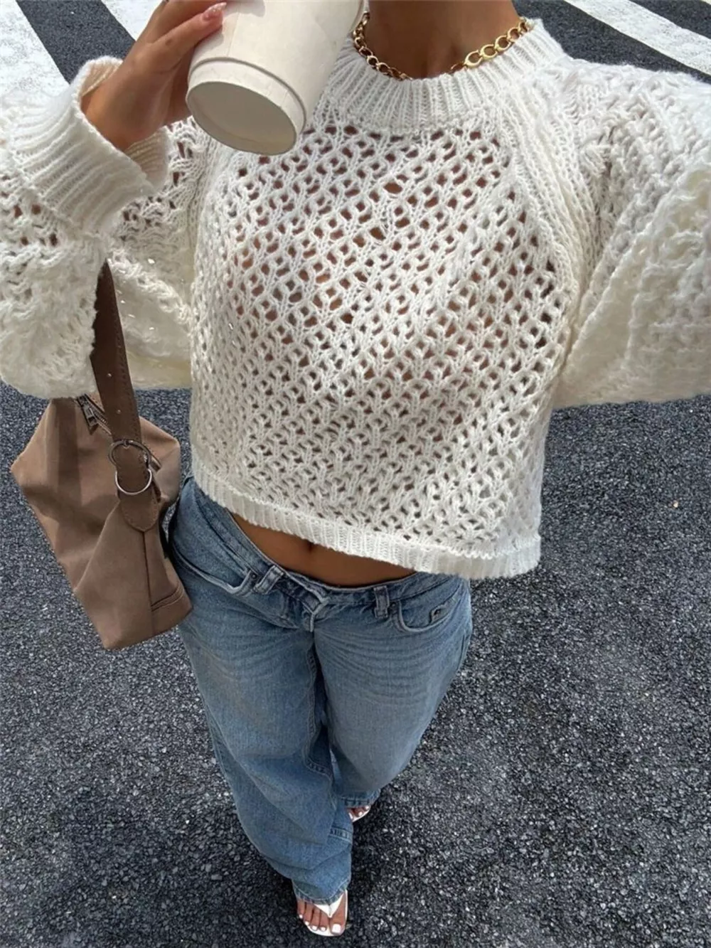 Crochet Knit Raglan Sleeve Sweater, image 3