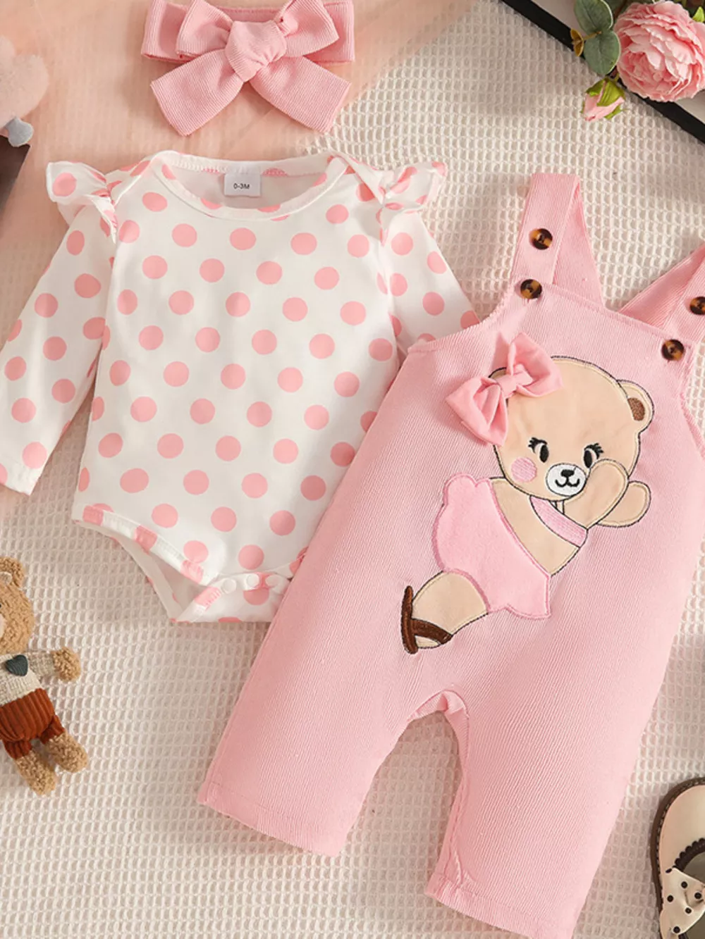 Children's Polka Dot Bodysuit and Overalls Set with Headband, image 2
