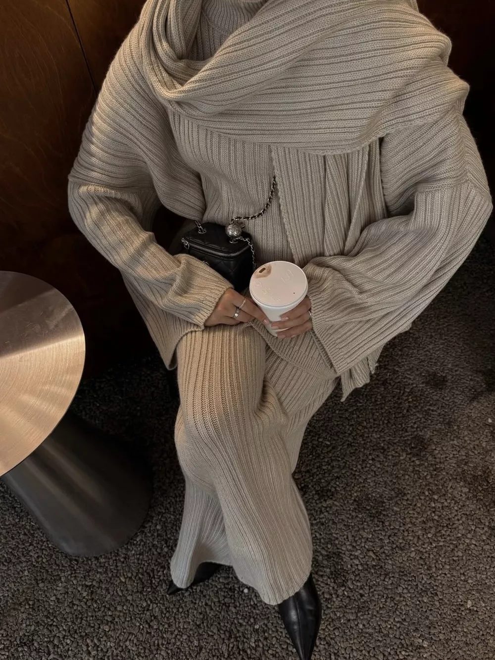 3-Piece Crew Neck Ribbed Sweater and Wide-Leg Pants Set with Scarf, image 3