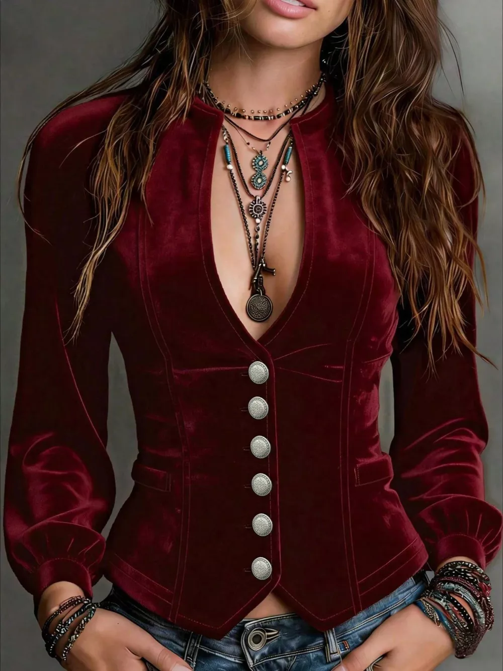 Button Down Plunge Velvet Shirt, image 2