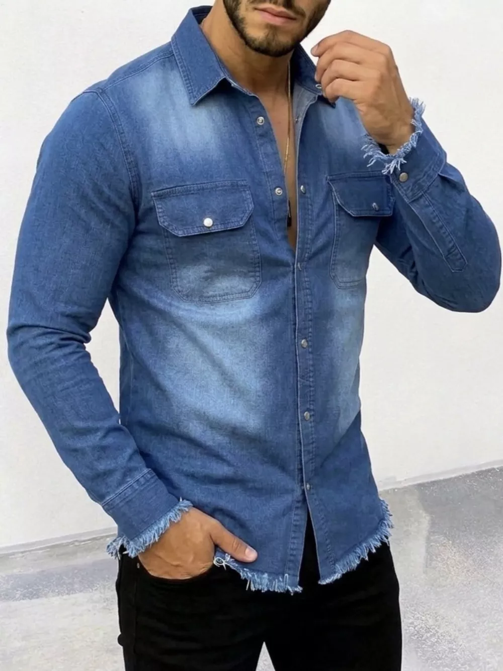Men's Frayed Hem Denim Shirt