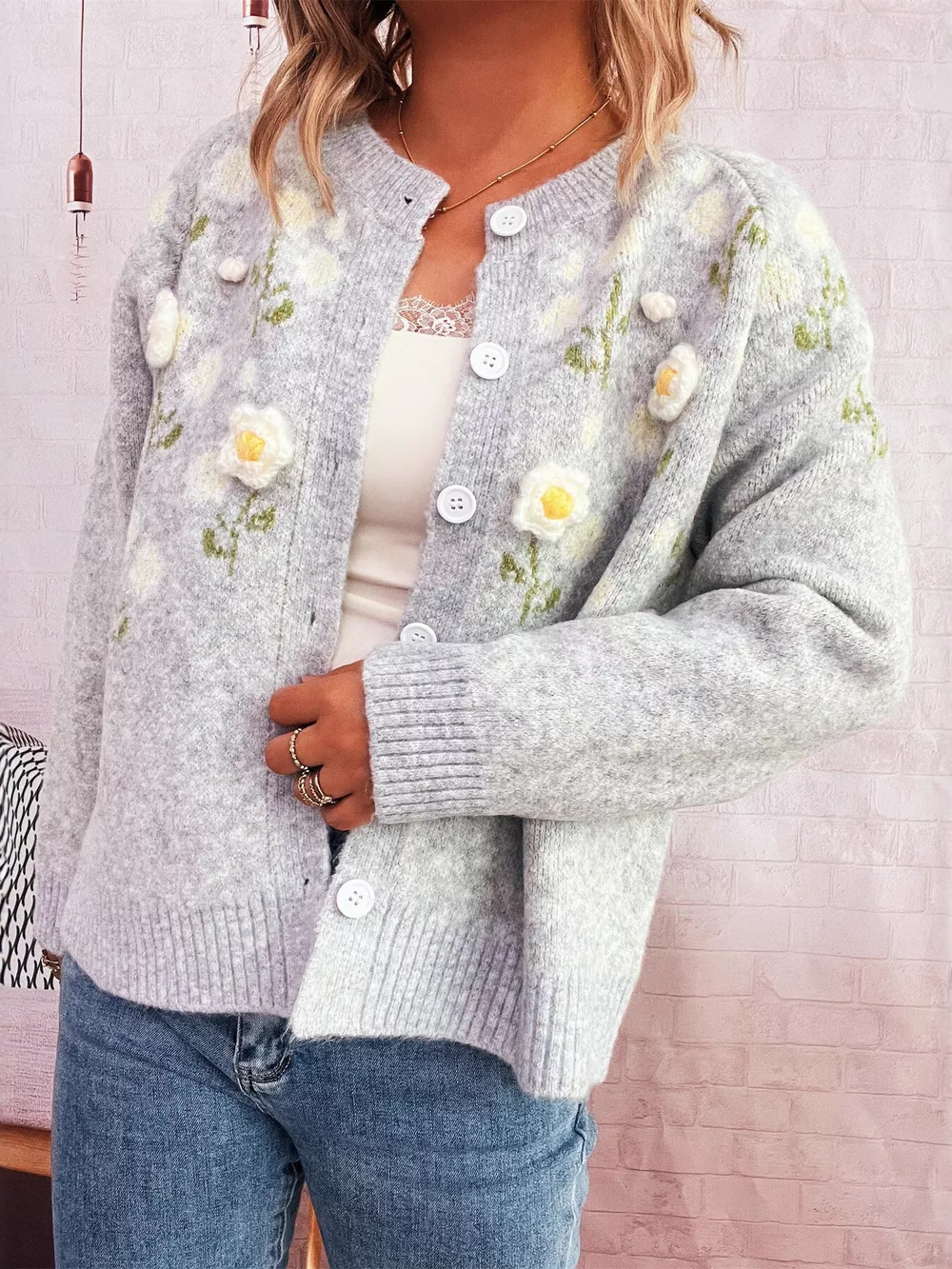 Flower Button Up Long Sleeve Cardigan, image 3