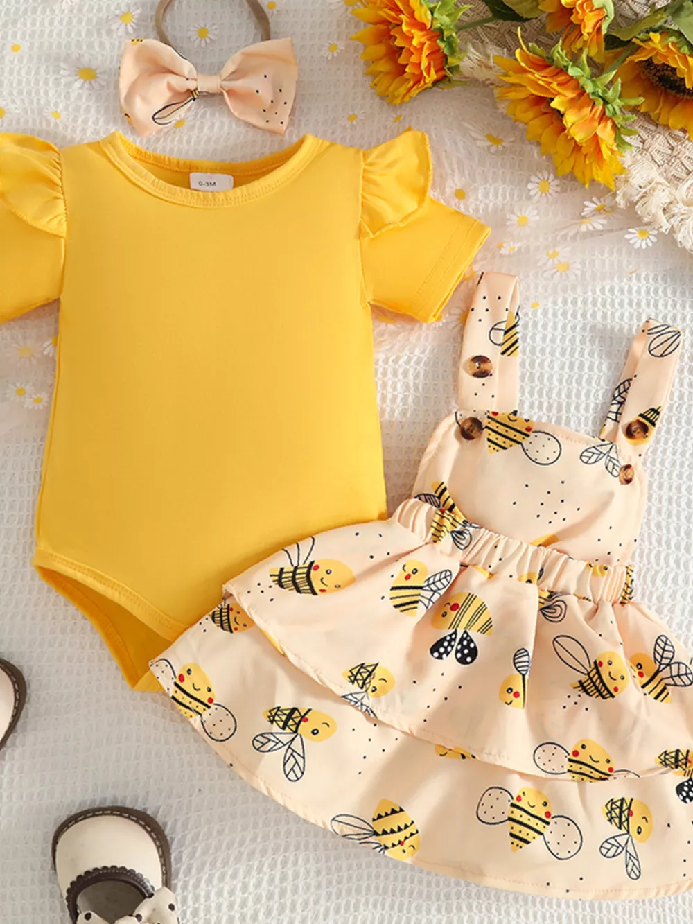 Children's Ruffle Trim Bodysuit and Bee Print Dress Set with Headband, image 2