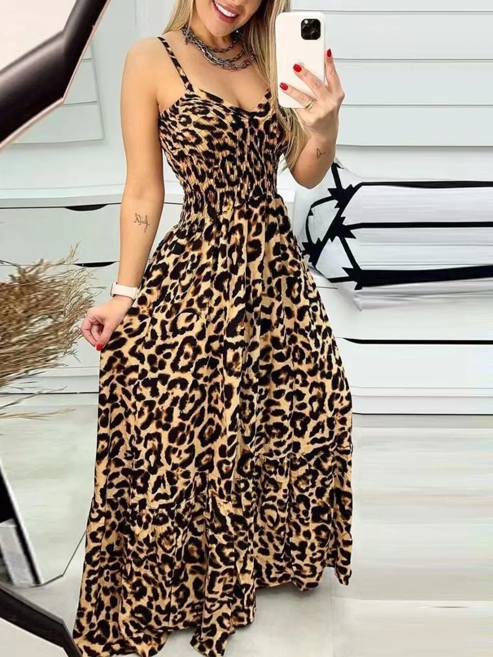 Full Size Leopard Print Spaghetti Strap Maxi Dress Plus Size, image 14