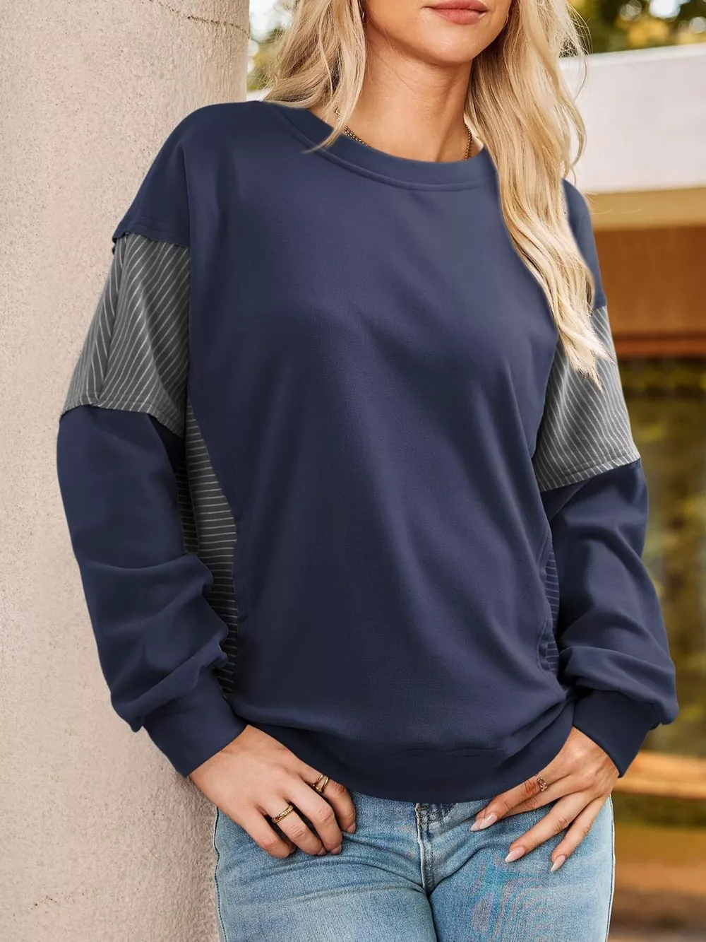 Striped Round Neck Long Sleeve Sweatshirt, image 14